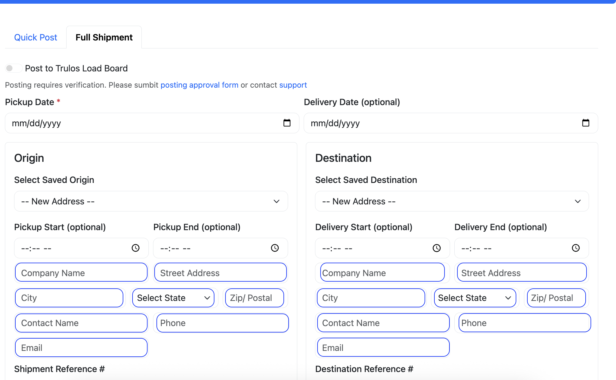 Origin and destination fields in Trulos Dispatch
