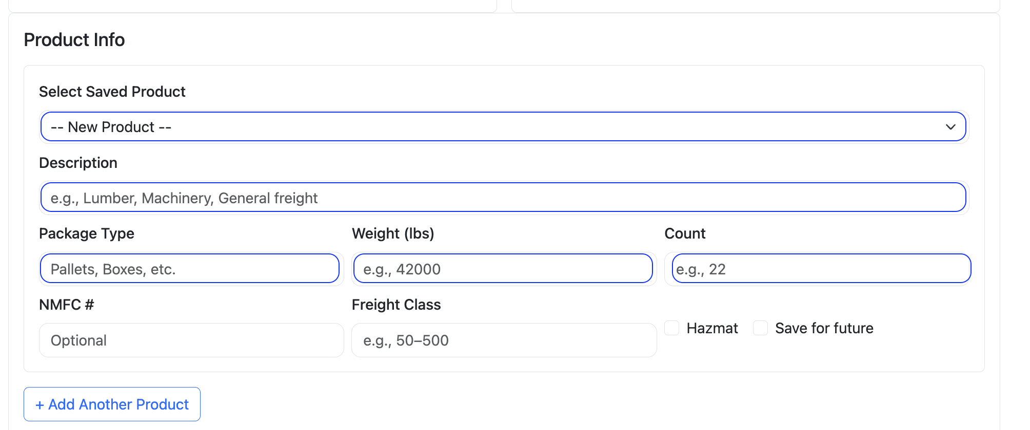 Product details section in the Add Shipment window