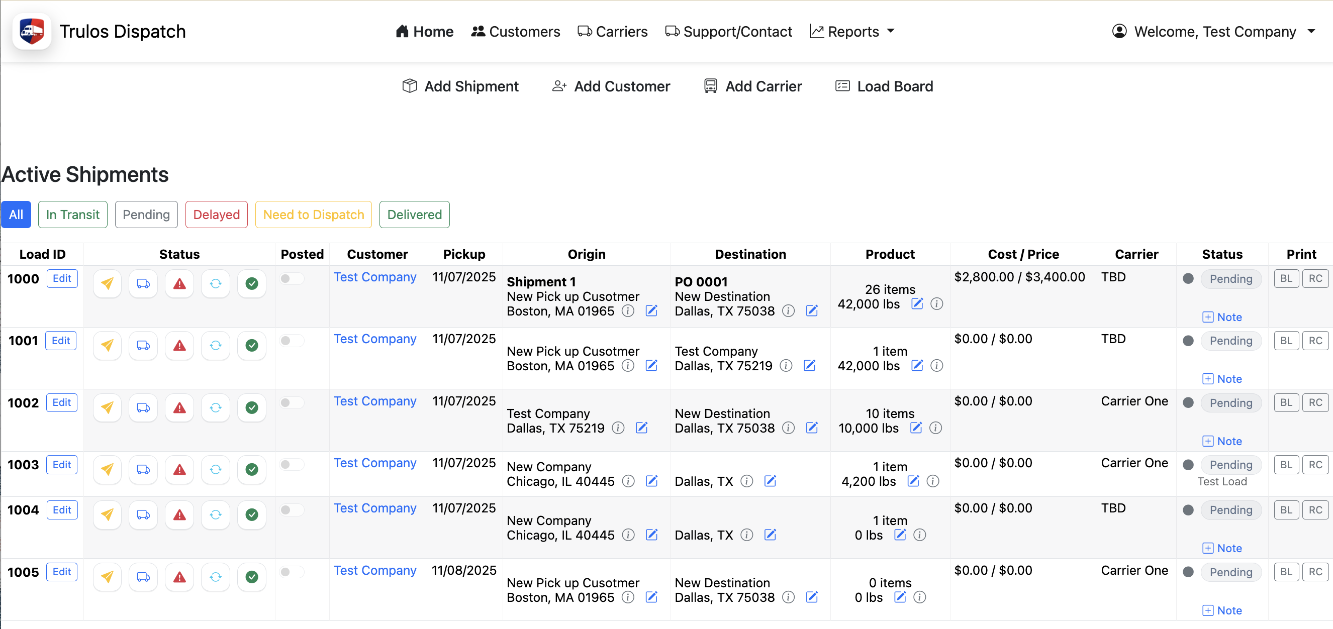 Newly created shipment visible on the Trulos Dispatch main page