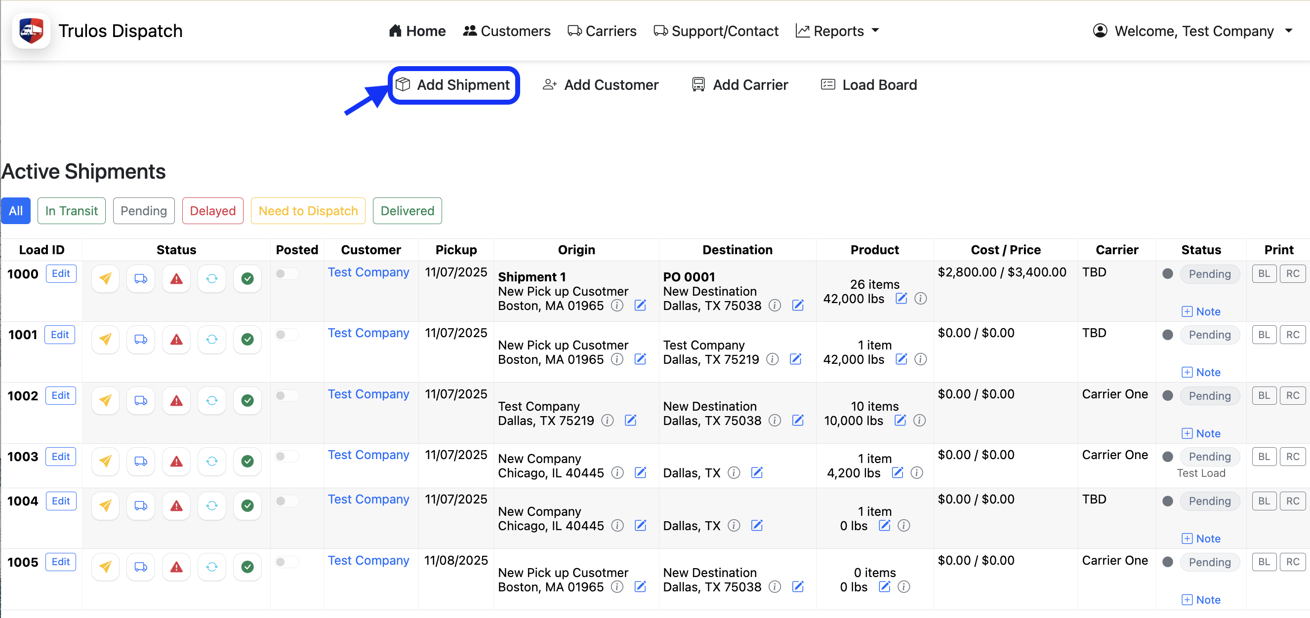 Trulos Dispatch main admin page with the Add Shipment button highlighted