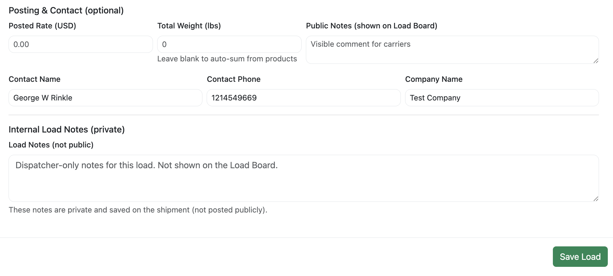 Posting options for Trulos Load Board in the shipment form