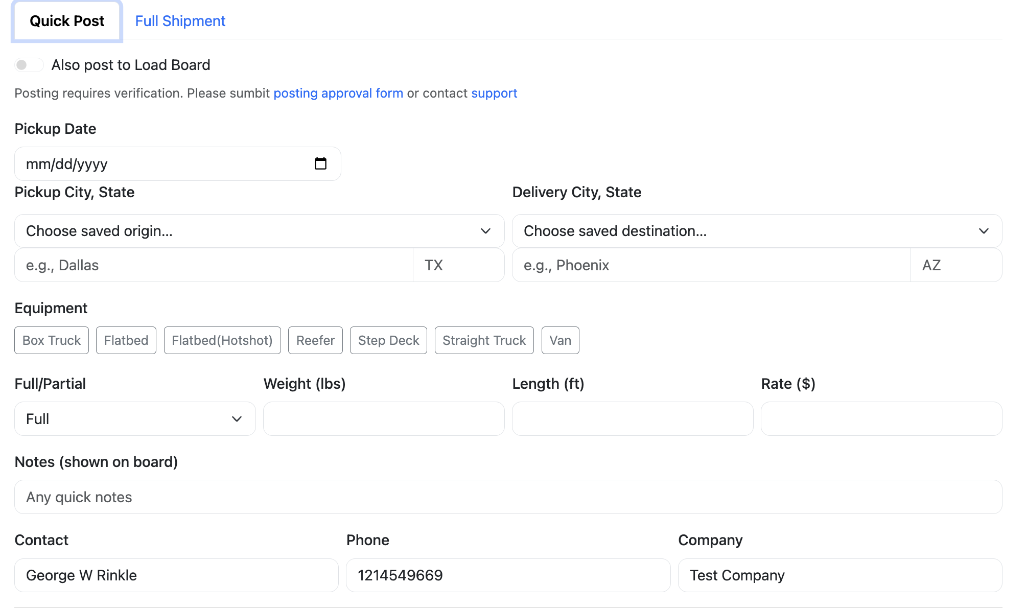 Quick Post tab in the Add Shipment window in Trulos Dispatch
