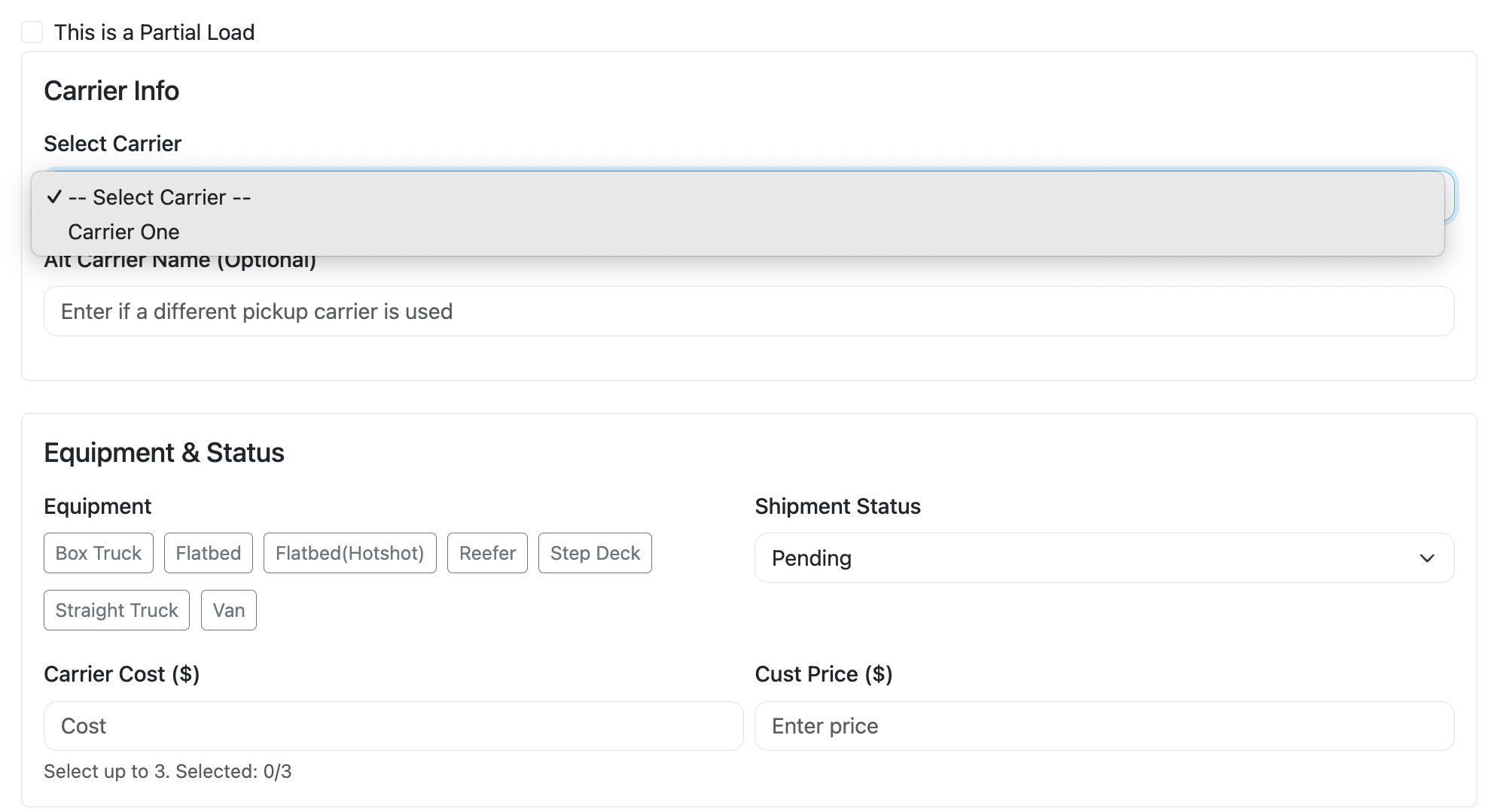 Carrier, equipment, and pricing fields in the shipment form