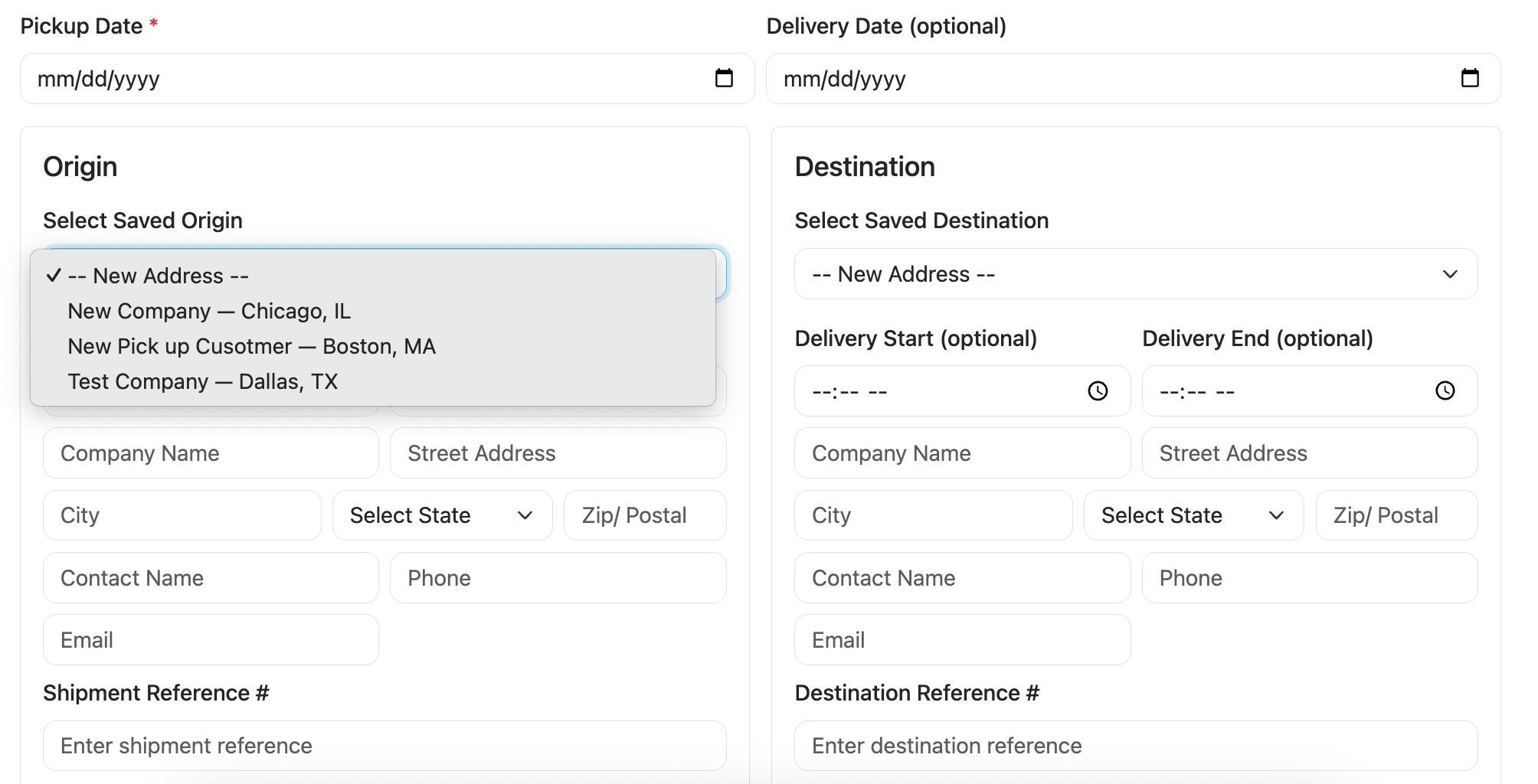 Address selection list for saved origin and destination addresses