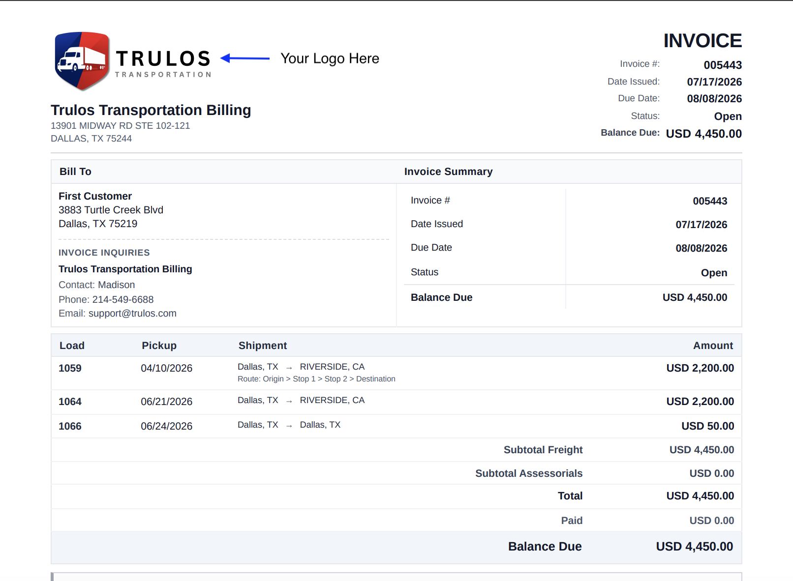 Trulos invoice PDF showing bill-to details, loads, totals, and balance due.
